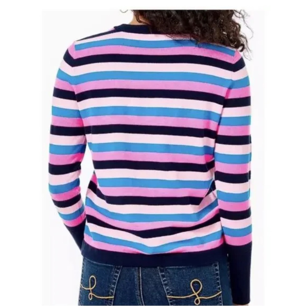 Lilly Pulitzer Striped Pink & Blue Crewneck Sweater with Shoulder Buttons XL - Picture 2 of 7